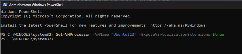 Enable nested virtualization in your host system via PowerShell session with elevated privileges